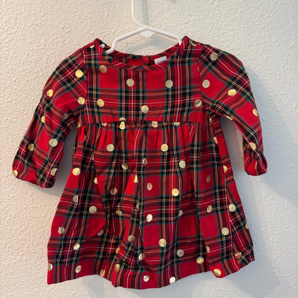 Old Navy Baby Girls Red Plaid Dress with Gold Polka Dots.